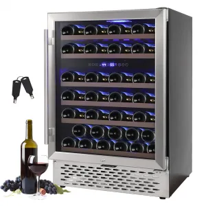 Wine Cooler Refrigerator 51 Bottles Compressor Dual Zone Built-in or Freestanding Fridge with Seamless Stainless Steel & Triple-Layer Tempered Reversible Glass Door and Temperature Memory Function