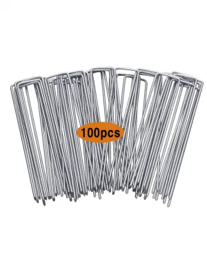 100 pcs 7.8 Inches U-Type Heavy Duty Galvanized Steel Garden Stakes Staples Securing Pegs for Securing Weed Fabric Landscape Fabric Netting Ground Sheets and Fleece, Garden Staples Pins