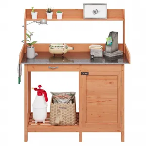 Potting Bench Table, Large Garden Outdoor Work Bench with Cabinet, Metal Tabletop, Sliding Drawer, Open Shelf for Outside(Natural Wood)