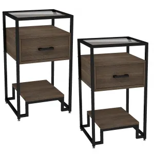 Nightstand Set of 2 with Storage Drawer + 3-Tier Shelving & Tempered Glass Top + Mid Century Modern + Steel Frame + Easy Assembly + Black and Rustic Brown + Bedroom