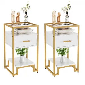 Mid Century Modern Nightstand Set - 2 Drawers, 3-Tier Storage, Tempered Glass, Steel Frame, White & Gold, Easy Assembly