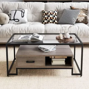 Rectangular Coffee Table, Glass Top + Storage Shelf, Drawer + Handcrafted Steel Frame, Mid Century + Brown, Rustic, 23.6 x 41.7 x 17.8 inches + Home, Living Room, Office