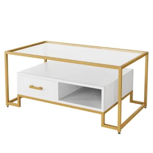 Modern Glass Coffee Table with Storage - Tempered Glass Top, Gold Frame, 2 Drawers, White - Ideal for Living Room, Apartment, Office