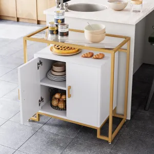 Sideboard Buffet Cabinet + Steel Frame + Tempered Glass Top + Ample Storage + Modern Design + White & Gold + Living Room, Kitchen