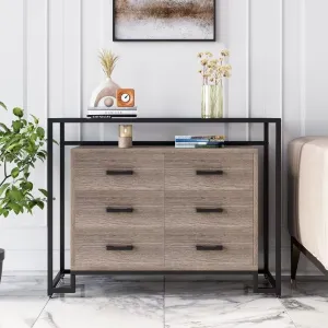 6 Drawer Dresser with Wide Storage Space, Wood & Steel Frame, Tempered Glass Top, Rustic Brown, Bedroom