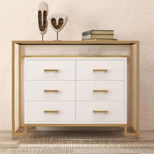 6 Drawer Chest, Dressers for Bedroom with Wide Storage Space, Wood Drawer Dresser, Large Storage Cabinet with Steel Frame & Tempered Glass Top, White & Gold