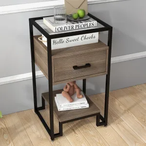 Mid Century Modern Nightstand + Steel Frame & Tempered Glass + 3-Tier Storage + Particle Board + Easy Assembly + Bedroom/Dorm