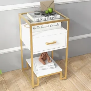 Mid Century Modern Nightstand + Storage Drawer & 3-Tier Shelving + Tempered Glass Top + Steel Frame + Easy Assembly + Bedroom, Dorm