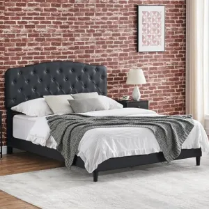 Full Size Upholstered Leather Bed Frame with Adjustable Headboard, Batten Bracing, Button Cluster, No Box Spring Needed, Noiseless, Black