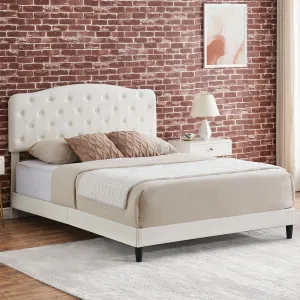 Full Bed Frame with Adjustable Button Tufted Headboard, Faux Leather Upholstered, Wooden Slats Support, No Box Spring Needed, Suitable for Various Mattress Thicknesses