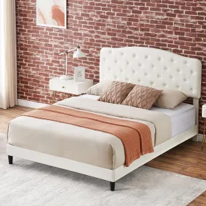 Queen Bed Frame with Adjustable Headboard, Leather Upholstered, Button Tufted, Wooden Slat Support, No Box Spring Needed, White
