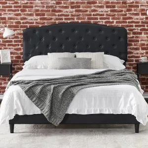 Queen Bed Frame with Adjustable Headboard, Upholstered Leather, Button Tufted, Wooden Slat Support, Noise-Free, Black