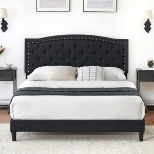 Full Size Bed Frame with Button Tufted Headboard, Fabric Upholstered Platform Bed Frame with Adjustable Headboard, Mattress Foundation, Easy Assembly, No Box Spring Needed - Black / Full
