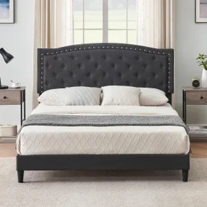 Full Size Bed Frame with Button Tufted Headboard, Fabric Upholstered Platform Bed Frame with Adjustable Headboard, Mattress Foundation, Easy Assembly, No Box Spring Needed - Dark Grey / Full