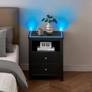 LED Nightstand with 2 Drawers, Bedside Table with Drawers for Bedroom Nursery Living Room, Side Bed Table with Sports LED Light, Black