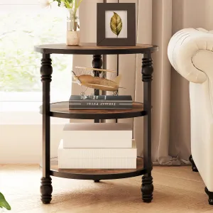 3-Tier Round End Table with Storage Shelf, Metal Legs, MDF Wood, Ideal for Living Room, Bedroom, Small Spaces - Dark Oak