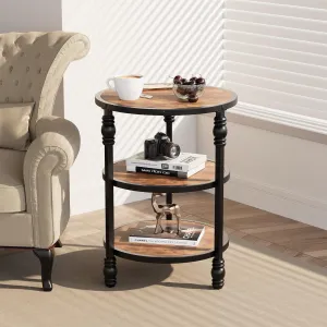 3-Tier Round Side Table with Storage Shelf, Metal Legs, MDF Wood, Vintage Style, for Living Room, Bedroom