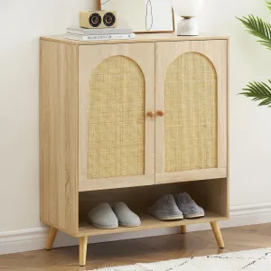 Natural Rattan Shoe Cabinet 2 Door with 4-Tier Adjustable Shelves, Shoe Rack Storage Cabinet for Heels, Boots, Slippers, Free Standing Shoe Rack, Entrance Hallway