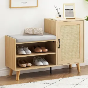 Shoe Bench with Storage Shoe Cabinet, 2-in-1 Rattan Shoe Cabinet with Seat Cushion, Adjustable and Open Shelves Shoe Rack for Entryway, Hallway, Living Room