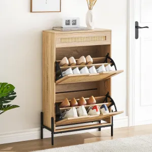 Rattan Shoe Storage Cabinet: Freestanding Organizer for Entryway, 2 Flip Doors & 1 Drawer, Hidden 3-Tier Adjustable Shelves for Hallway or Living Room (Oak)