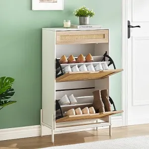 Natural Rattan Shoe Rack Storage Cabinet + Elegant Design + 2 Flip Doors + Solid Wood + Adjustable Shelves + Metal Support Feet + Entryway, Hallway