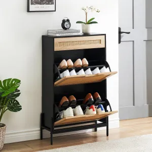 Natural Rattan Shoe Rack Storage Cabinet + Large Capacity + Adjustable Shelves + Solid Wood + Metal Support Feet + Entryway, Hallway