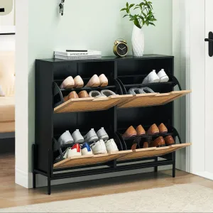Natural Rattan Shoe Cabinet with 4 Flip Drawers, Entryway Hallway Free Standing Shoe Racks, Hidden Shoe Cabinet with Metal Legs for Heels, Boots, Slippers, Sneakers
