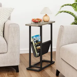 Narrow Side Table for Small Spaces, Slim Thin End Table with Storage Holder, Skinny Grey Magazine Table Rectangular Nightstand for Couch, Living Room, Bedroom & Office