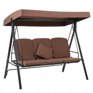 Patio Swing Chair, 2 in 1 Patio Swing Bed, 3-Seat Outdoor Porch Swing with Weather Resistant Steel Frame, Adjustable Waterproof Canopy, Cushions and Pillow, for Backyard,Brown