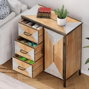 Storage Cabinet with Door & 3 Drawers, Bathroom Floor Cabinet, Accent Cabinet with Metal Legs, Buffet Cabinet with Storage for Living Room, Bedroom, Entryway, Hallway