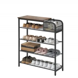 Shoe Rack for Entryway, 5 Tier Shoe Storage Shelves with Mesh Basket, Wooden Top Shelf, Sturdy Steel Frame, Rustic Brown, Fits 16-20 Pairs, Easy to Assemble