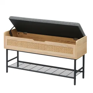 Shoe Storage Bench with Cushion, Metal and Wood, Natural Rattan Design, Multi-functional, Sturdy, Easy to Install, for Entryway, Bedroom, Hallway