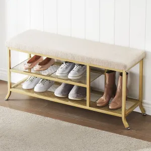 Shoe Rack Bench, 2 Tier Metal Storage Bench, Adjustable Shelf Entryway Bench, Metal Shoe Rack Organizer with Cushion, Shoe Storage Bench Living Room for Hallway, Golden