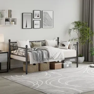 Twin Size Daybed Frame, Metal Daybed with Floral Headboard, Heavy Duty Steel Slats Supports, Modern Twin Bed Frame for Living Room, Guest Room, Black
