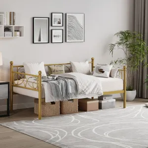 Twin Size Daybed Frame, Metal Daybed with Floral Headboard, Heavy Duty Steel Slats Supports, Modern Twin Bed Frame for Living Room, Guest Room, Gold