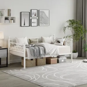 Twin Size Daybed Frame, Metal Daybed with Floral Headboard, Heavy Duty Steel Slats Supports, Modern Twin Bed Frame for Living Room, Guest Room, White