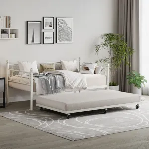 Heavy Duty Twin Daybed with Trundle, Metal Sofa Single Bed Frame with Slats & Headboard, No Box Spring Needed, Multifunctional Platform Bed for Bedroom, Guest Room, White