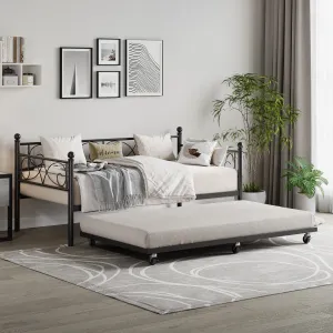 Twin Daybed with Trundle, Metal Sofa Single Bed Frame with Heavy Duty Metal Slats & Headboard, No Box Spring Needed, Multifunctional Platform Bed for Bedroom, Guest Room, Black