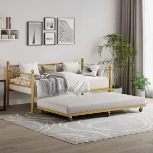 Heavy Duty Twin Daybed Frame with Trundle, Metal Sofa Single Bed Frame with Slats & Headboard, No Box Spring Needed, Multifunctional Platform Bed for Bedroom, Apartment, Gold
