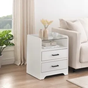 LED Night Stand with 2 Drawers, Smart End Side Table with LED Lights and Glass Top, Modern Bedside Table with Open Storage for Bedroom Living Room Dorm, White