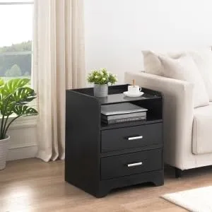 LED Night Stand with 2 Drawers, Smart End Side Table with LED Lights and Glass Top, Modern Bedside Table with Open Storage for Bedroom Living Room Dorm, Black