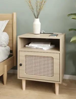 Rattan Nightstand with Charging Station, Boho End Table, Side Table with USB Ports & Power Outlets，1 Storage and Solid Wooden Legs for Bedroom, Living Room, Natural