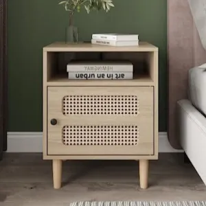 Rattan Nightstand with Charging Station, Boho End Table, Side Table with USB Ports & Power Outlets，1 Storage and Solid Wooden Legs for Bedroom, Living Room, Natural