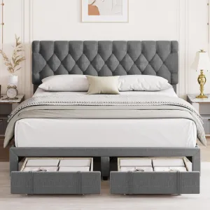 King Size Bed Frame + Storage Drawers + Adjustable Tufted Headboard + Wooden Slats Support + No Box Spring Needed + Velvet Upholstery + Suitable for Bedrooms