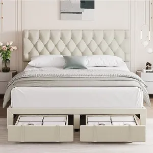 Queen Size Bed Frame + Storage Drawers + Adjustable Button Tufted Headboard + Solid Wooden Slats + No Box Spring Needed + Metal Frame + Bedroom
