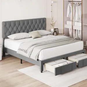 Full Size Bed Frame with 2 Storage Drawers, Upholstered Platform Bed Frame with Adjustable Button Tufted Headboard, No Box Spring Needed, Mattress Foundation with Solid Wooden Slats Support