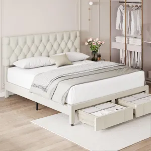 Upholstered Platform Bed Frame 2 Storage Drawers Solid Wooden Slats Support - Beige