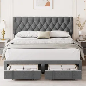 Queen Size Bed Frame with 2 Storage Drawers, No Box Spring Needed, Upholstered Platform Bed Frame with Adjustable Button Tufted Headboard, Mattress Foundation with Solid Wooden Slats Support