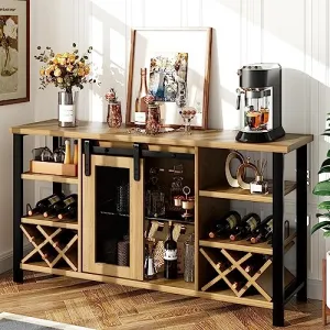 55" Farmhouse Wine Bar Cabinet, NAT-Brown, Coffee Bar Rack