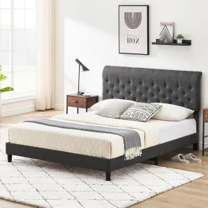 Upholstered Full Bed Frame with Adjustable Headboard, Linen Fabric, High Resilience Sponge, Button Tufted, No Box Spring, Dark Grey